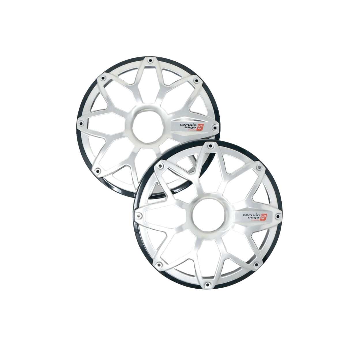 The RPM Stroker 6.5” Flush Mount Speaker Grill, Pair (Black) - SM65FGB features two black, multi-spoke grills with central metallic plates and logos. The angular spokes form a geometric pattern with thin edges, resembling the original design, slightly overlapping against a white backdrop.